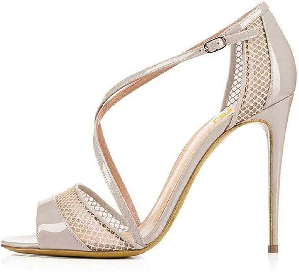 FSJ Women Graceful Open Toe Mesh Sandals High Heels Stilettos Strappy Slip on Crisscross Straps Shoes With Buckle Size 4-15 US