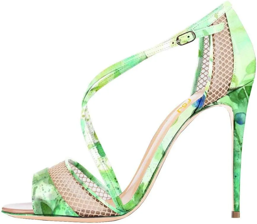 FSJ Women Graceful Open Toe Mesh Sandals High Heels Stilettos Strappy Slip on Crisscross Straps Shoes With Buckle Size 4-15 US