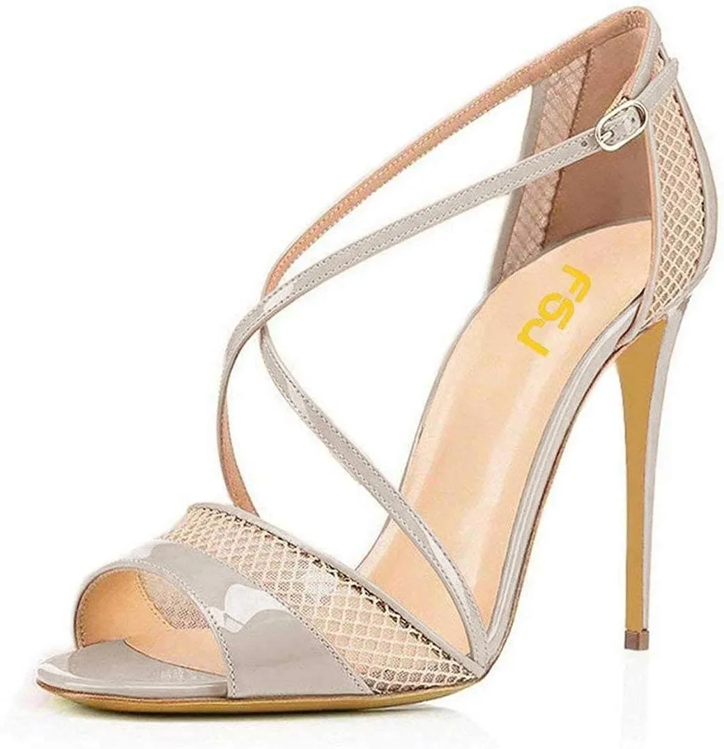 FSJ Women Graceful Open Toe Mesh Sandals High Heels Stilettos Strappy Slip on Crisscross Straps Shoes With Buckle Size 4-15 US
