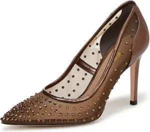 FSJ Women Pointed Toe Stiletto Pumps Slip On Sparkly Rhinestones Studded Mesh High Heel Sexy Formal Event Dress Shoes Sizes 4-16 US