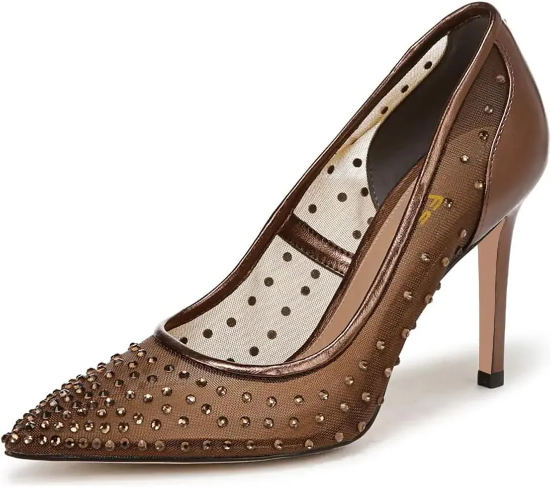 FSJ Women Pointed Toe Stiletto Pumps Slip On Sparkly Rhinestones Studded Mesh High Heel Sexy Formal Event Dress Shoes Sizes 4-16 US