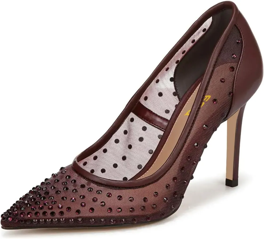 FSJ Women Pointed Toe Stiletto Pumps Slip On Sparkly Rhinestones Studded Mesh High Heel Sexy Formal Event Dress Shoes Sizes 4-16 US