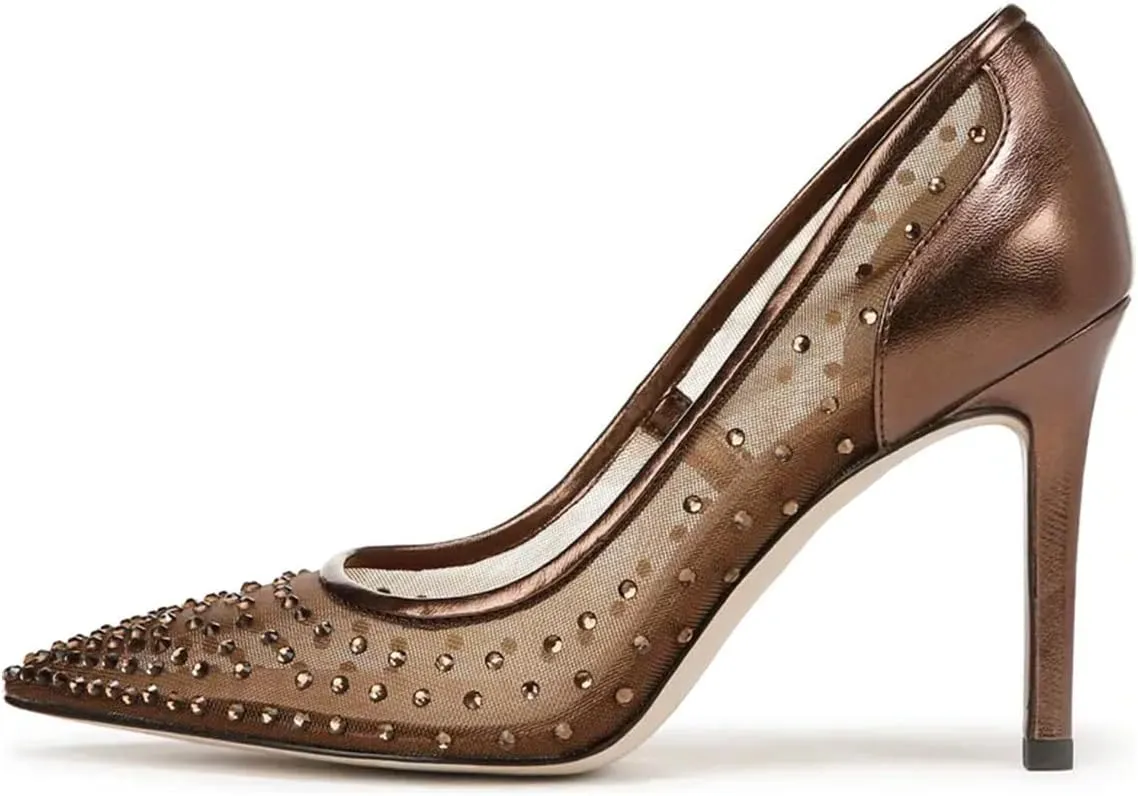 FSJ Women Pointed Toe Stiletto Pumps Slip On Sparkly Rhinestones Studded Mesh High Heel Sexy Formal Event Dress Shoes Sizes 4-16 US