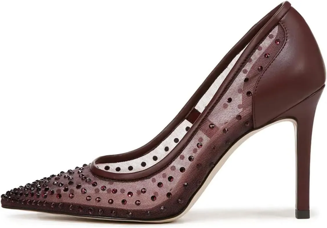 FSJ Women Pointed Toe Stiletto Pumps Slip On Sparkly Rhinestones Studded Mesh High Heel Sexy Formal Event Dress Shoes Sizes 4-16 US
