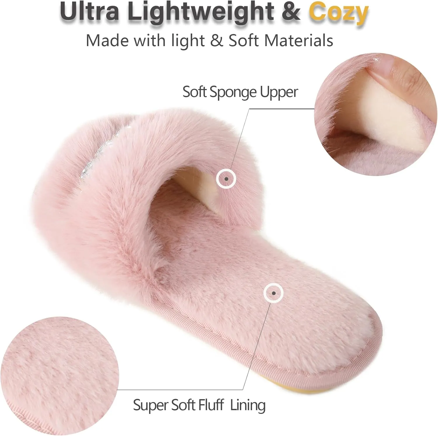 Fur Story Women's Furry Slippers Open Toe Fuzzy Slippers Memory Foam Fluffy House Sandal