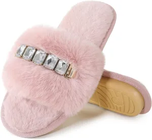 Fur Story Women's Furry Slippers Open Toe Fuzzy Slippers Memory Foam Fluffy House Sandal