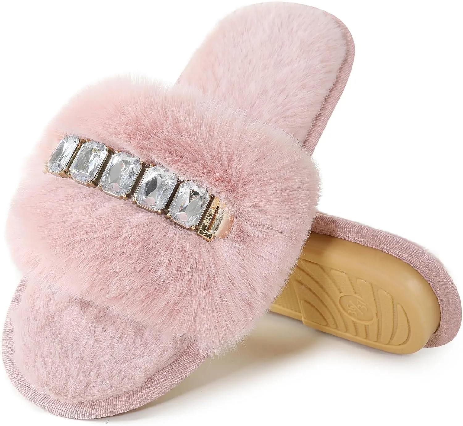Fur Story Women's Furry Slippers Open Toe Fuzzy Slippers Memory Foam Fluffy House Sandal