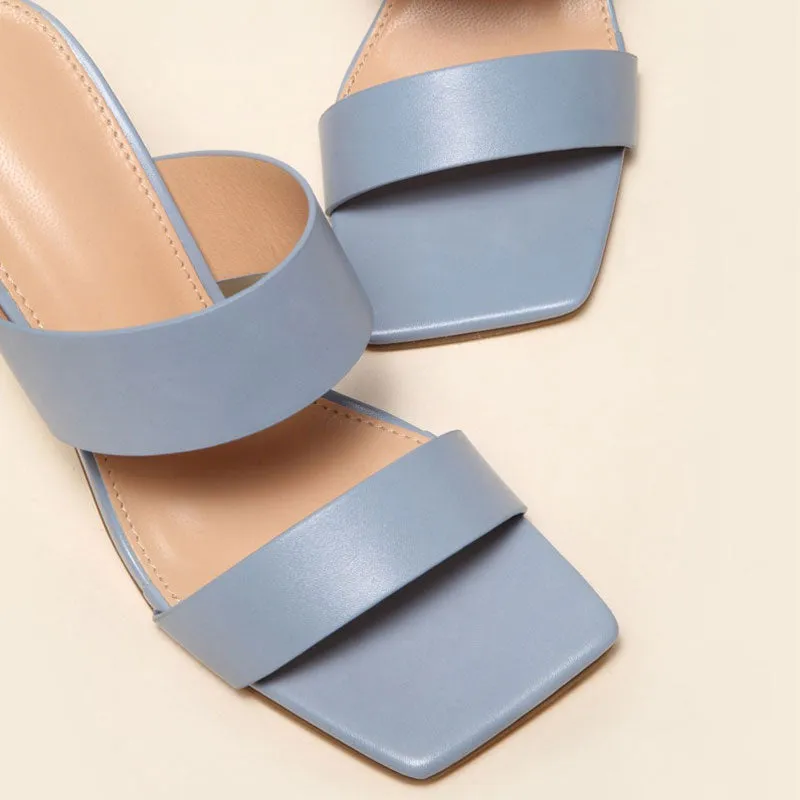 Geometric High Heel Square Toe Mule Sandals - Blue Grey