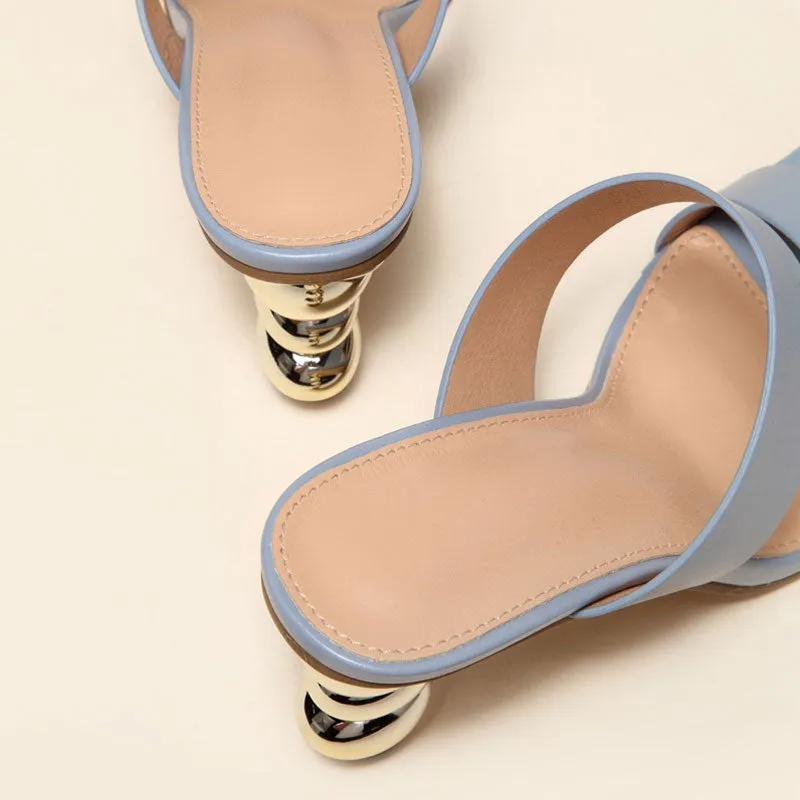 Geometric High Heel Square Toe Mule Sandals - Blue Grey