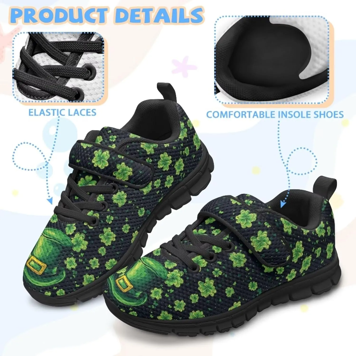 Girls St Patrick's Day Shoes Kids Single Buckle Sneakers Breathable Mesh Athletic Running Tennis Shoes