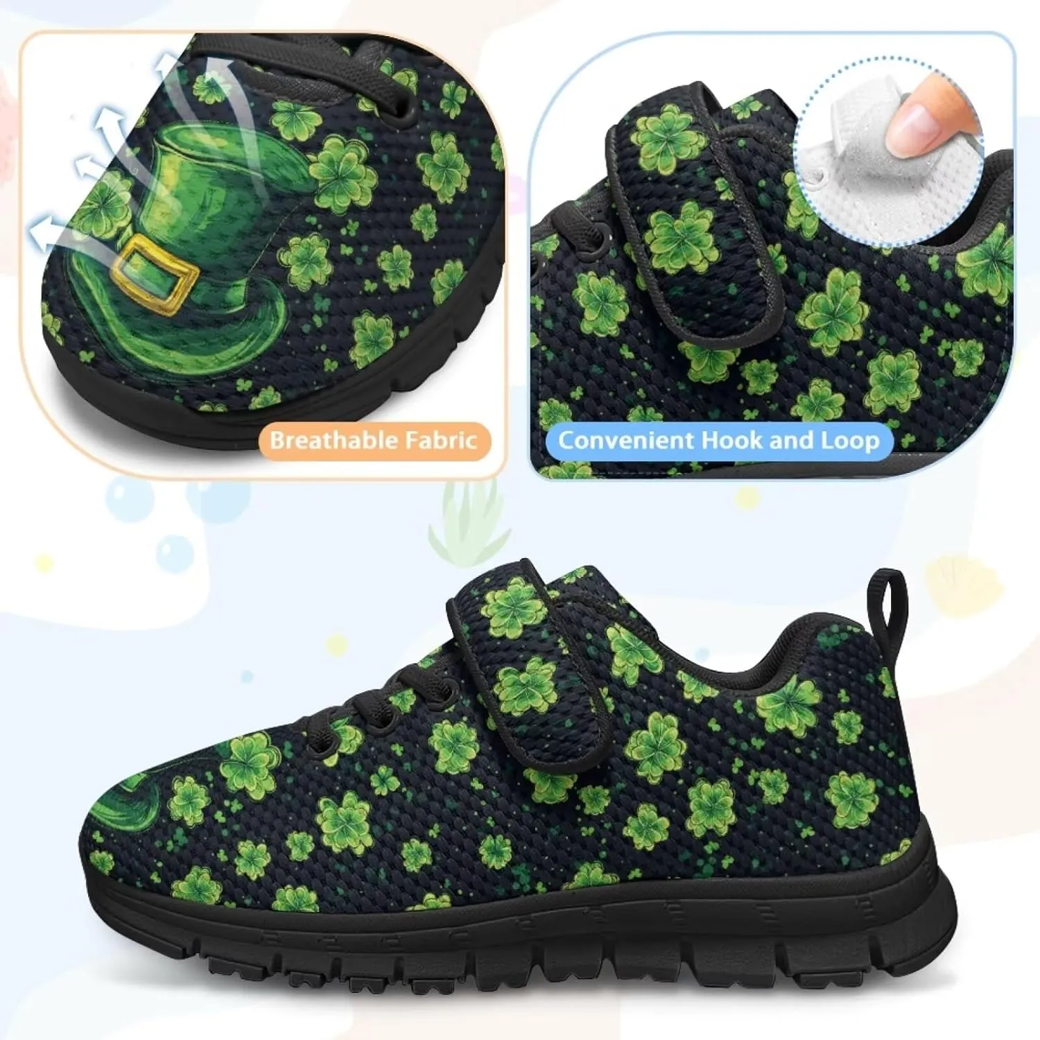 Girls St Patrick's Day Shoes Kids Single Buckle Sneakers Breathable Mesh Athletic Running Tennis Shoes