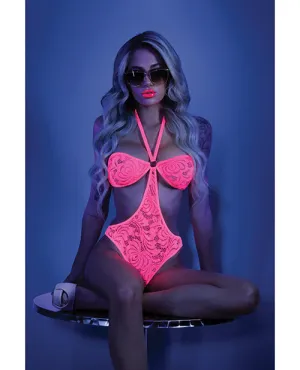 Glow Black Light Halter Bodysuit w/Open Sides Neon Pink L/XL