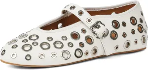 Goiphrri Mary Jane Shoes Women Metal Studded Ballet Flats Buckle Strap Mary Janes Comfortable Ballerina Flat Shoes for Women