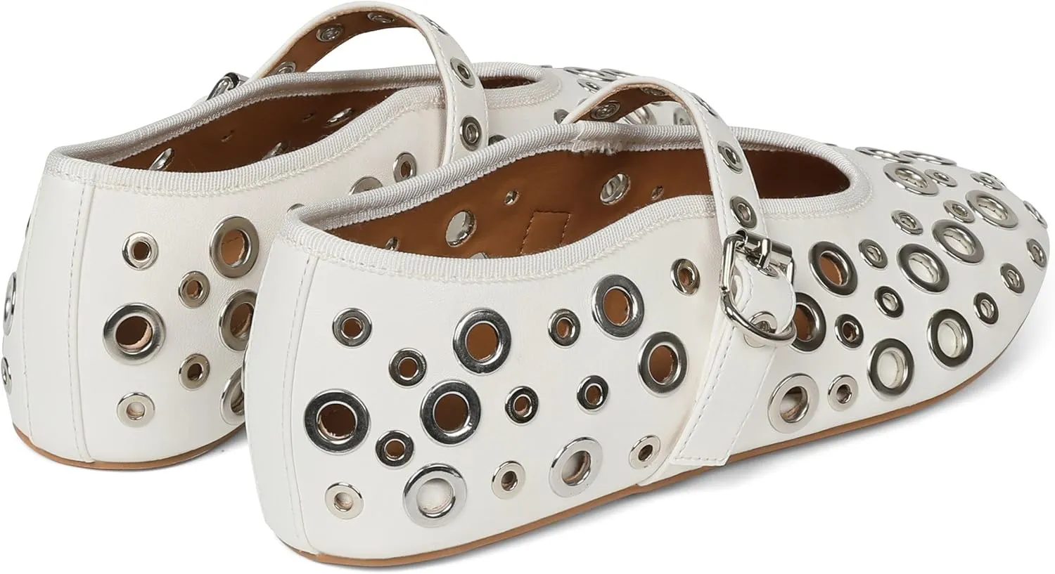 Goiphrri Mary Jane Shoes Women Metal Studded Ballet Flats Buckle Strap Mary Janes Comfortable Ballerina Flat Shoes for Women