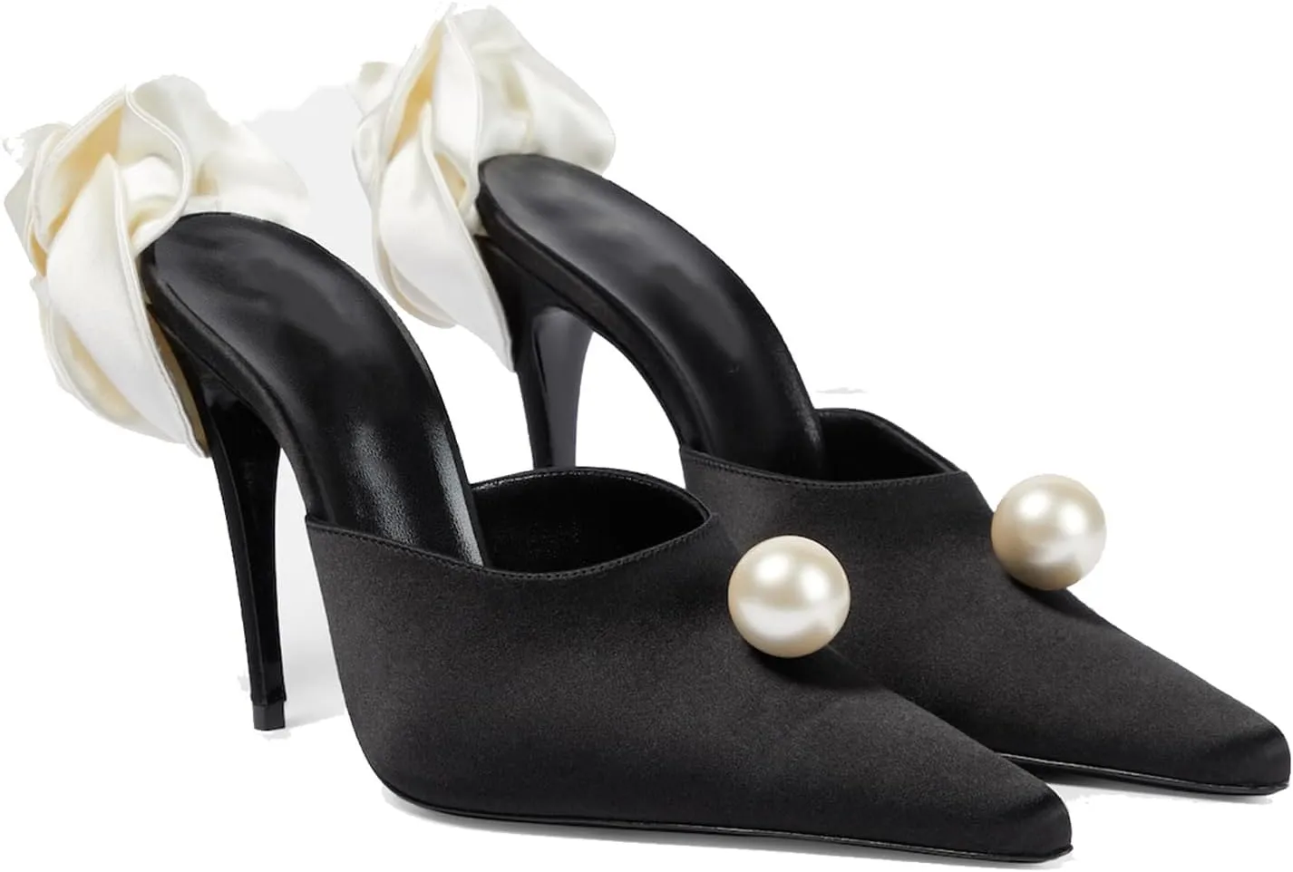 Goolita Flower Burgundy Pearl Mule Heels For Women, Stiletto Heel Slip On Pointed Toe Heeled Sandals Sexy Backless Party Heeled Slide Sandals