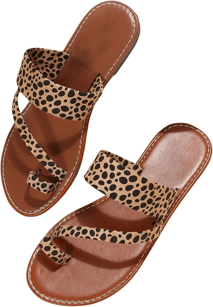 GORGLITTER Women's Leopard Cheetah Flat Sandals Open Toe Strappy Toe Ring Slide Sandal