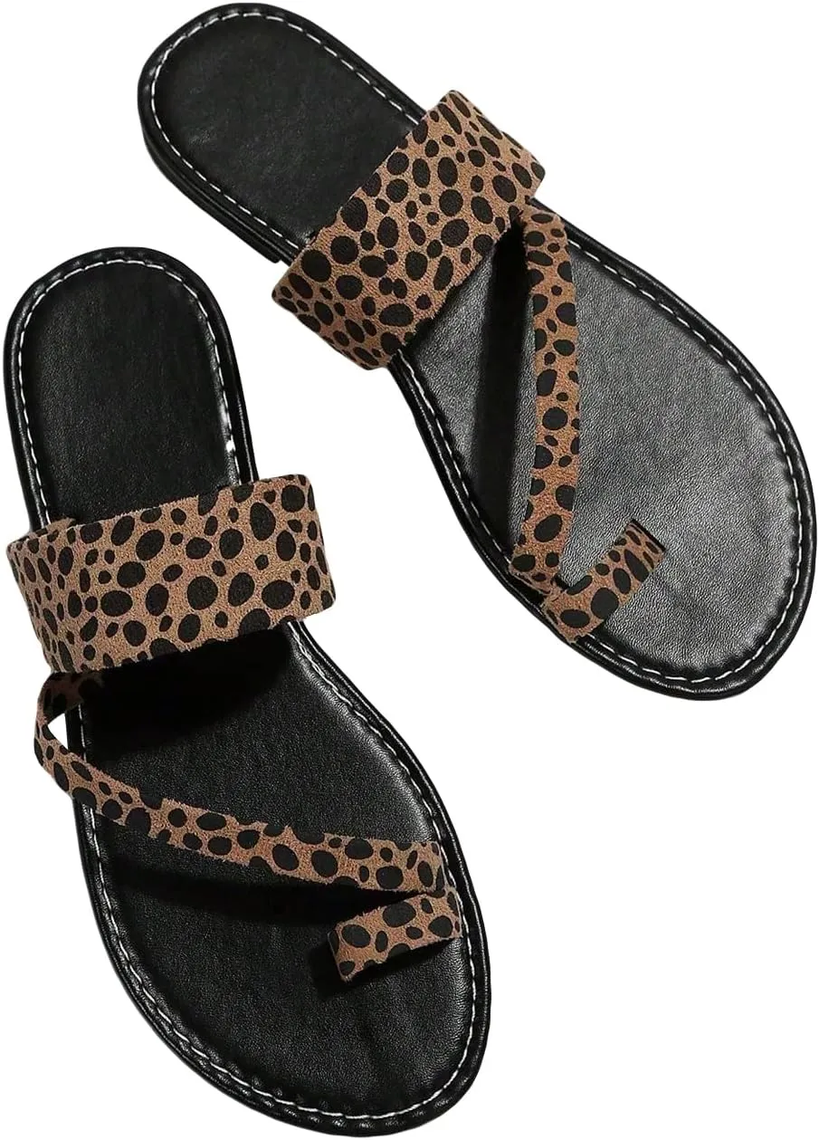 GORGLITTER Women's Leopard Print Flat Sandals Strappy Cheetah Thong Toe Ring Slip On Slide Sandal
