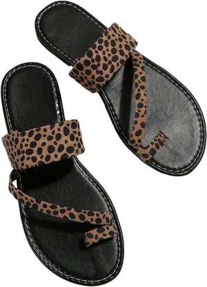 GORGLITTER Women's Leopard Print Flat Sandals Strappy Cheetah Thong Toe Ring Slip On Slide Sandal