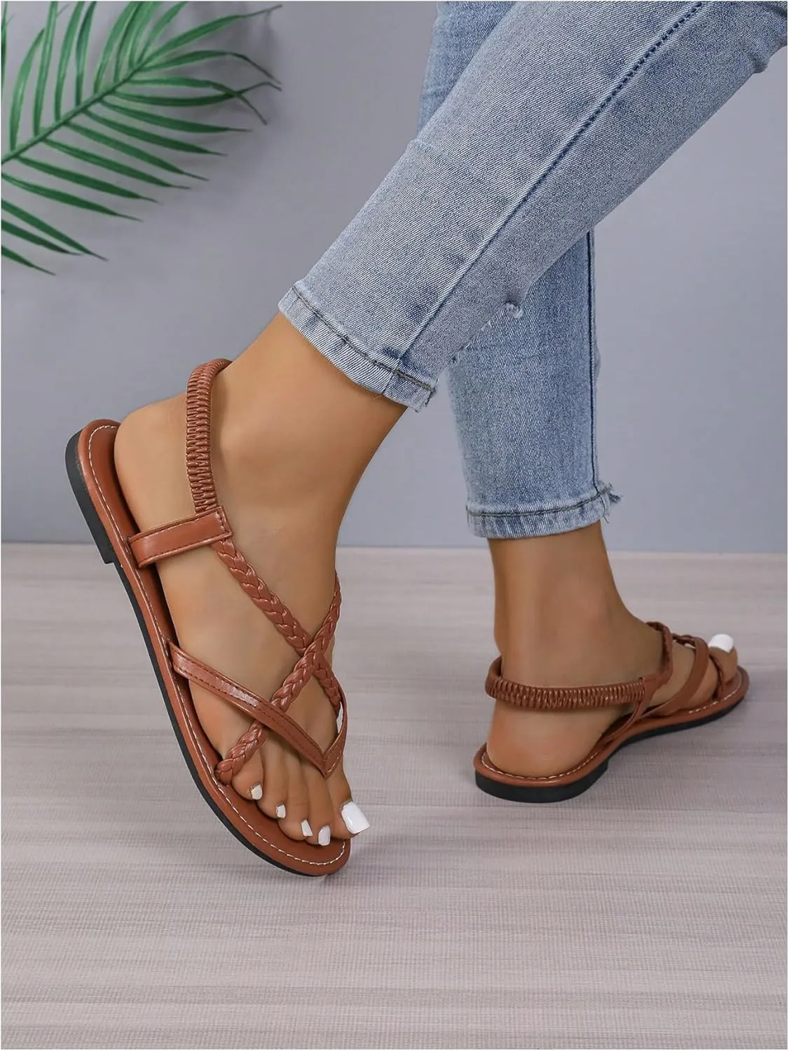 GORGLITTER Women's Strappy Flat Sandals Braided Strap Dressy Summer Sandals
