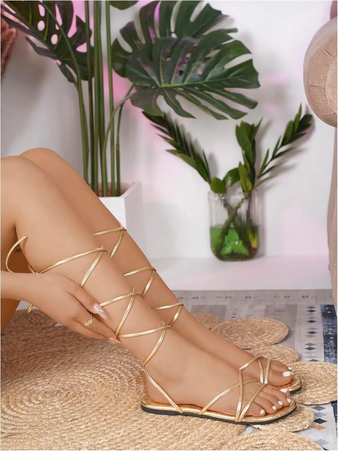 GORGLITTER Women's Strappy Lace Up Gladiator Flat Sandals Cross Strap Open Toe Summer Slide Shoes
