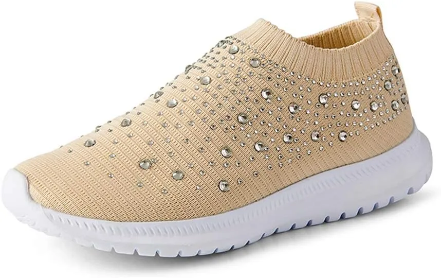 GOSPT Women's Mesh Walking Shoes Rhinestone Glitter Slip On Ballroom Jazz Latin Dance Sock Sneakers