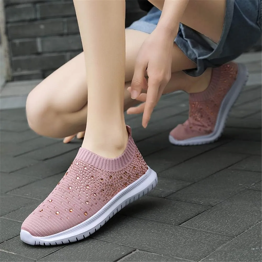 GOSPT Women's Mesh Walking Shoes Rhinestone Glitter Slip On Ballroom Jazz Latin Dance Sock Sneakers