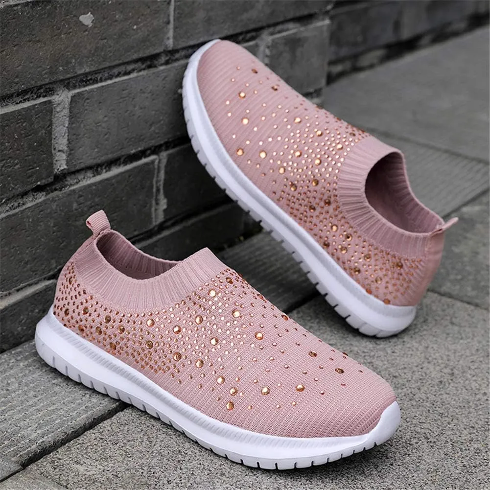 GOSPT Women's Mesh Walking Shoes Rhinestone Glitter Slip On Ballroom Jazz Latin Dance Sock Sneakers