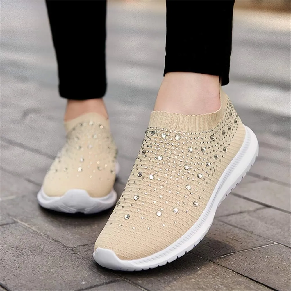 GOSPT Women's Mesh Walking Shoes Rhinestone Glitter Slip On Ballroom Jazz Latin Dance Sock Sneakers