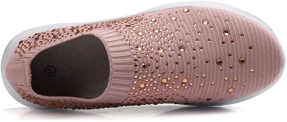GOSPT Women's Mesh Walking Shoes Rhinestone Glitter Slip On Ballroom Jazz Latin Dance Sock Sneakers