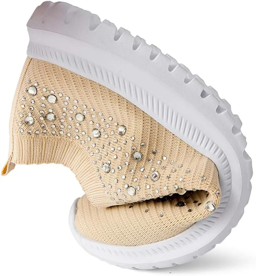 GOSPT Women's Mesh Walking Shoes Rhinestone Glitter Slip On Ballroom Jazz Latin Dance Sock Sneakers