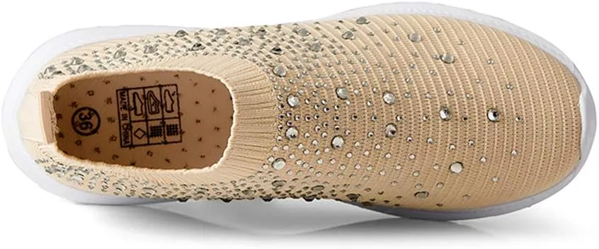 GOSPT Women's Mesh Walking Shoes Rhinestone Glitter Slip On Ballroom Jazz Latin Dance Sock Sneakers