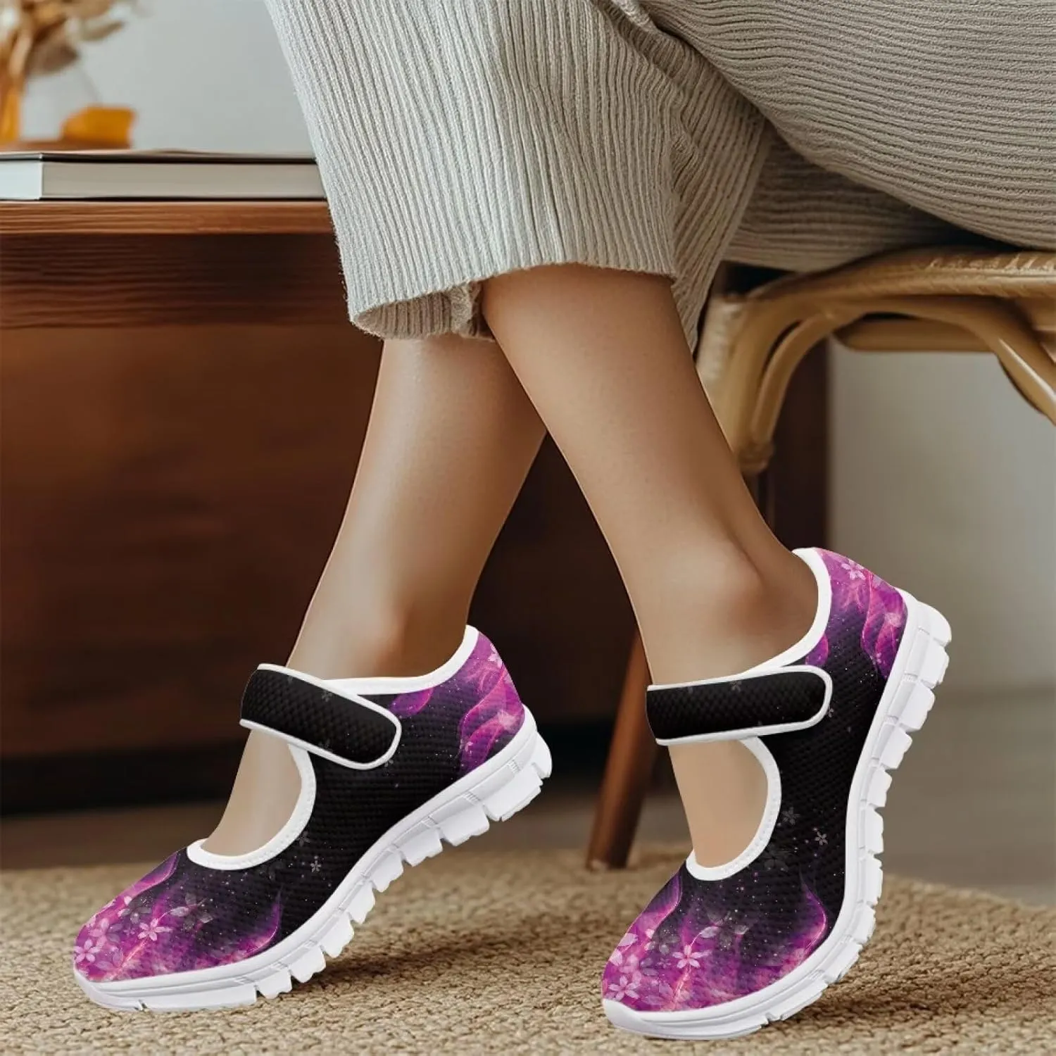 GOSTONG Women's Art Flowers Casual Shoes Single Buckle Sneakers Lightweight Non Slip Walking Shoes for Daily Wear White Size 5.5-10