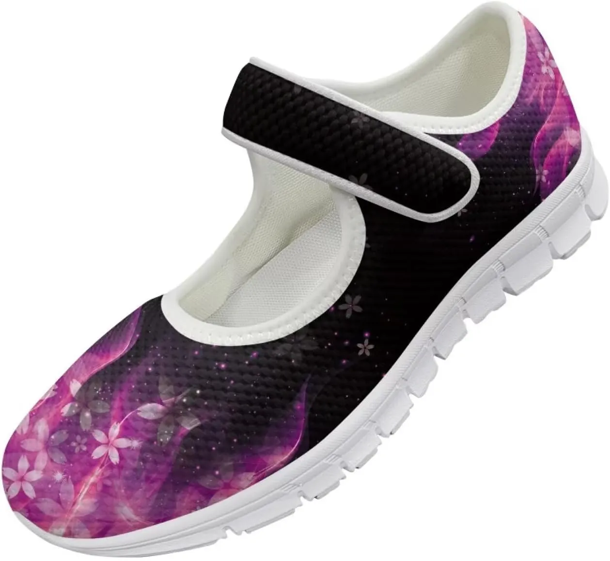 GOSTONG Women's Art Flowers Casual Shoes Single Buckle Sneakers Lightweight Non Slip Walking Shoes for Daily Wear White Size 5.5-10