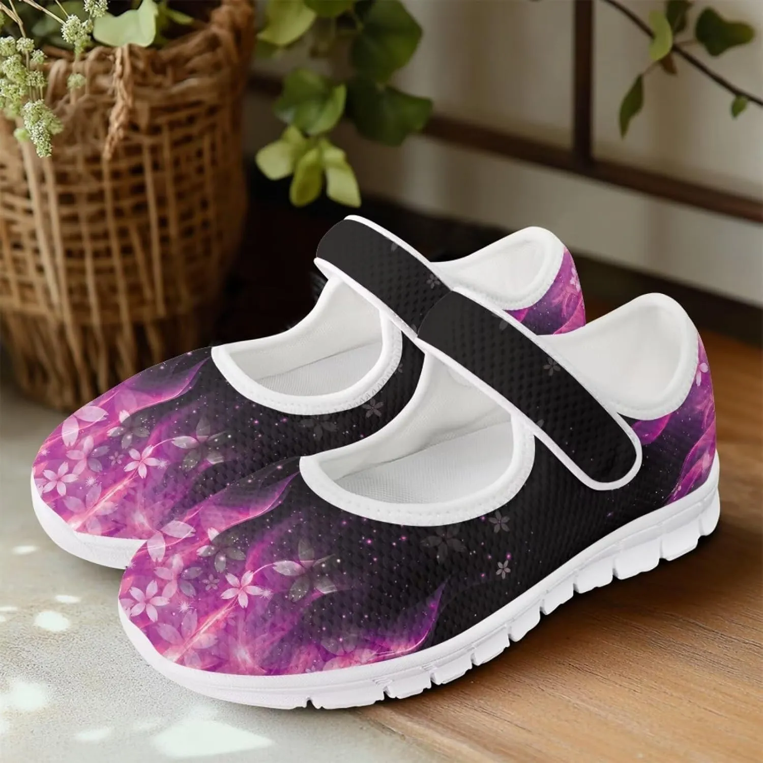 GOSTONG Women's Art Flowers Casual Shoes Single Buckle Sneakers Lightweight Non Slip Walking Shoes for Daily Wear White Size 5.5-10