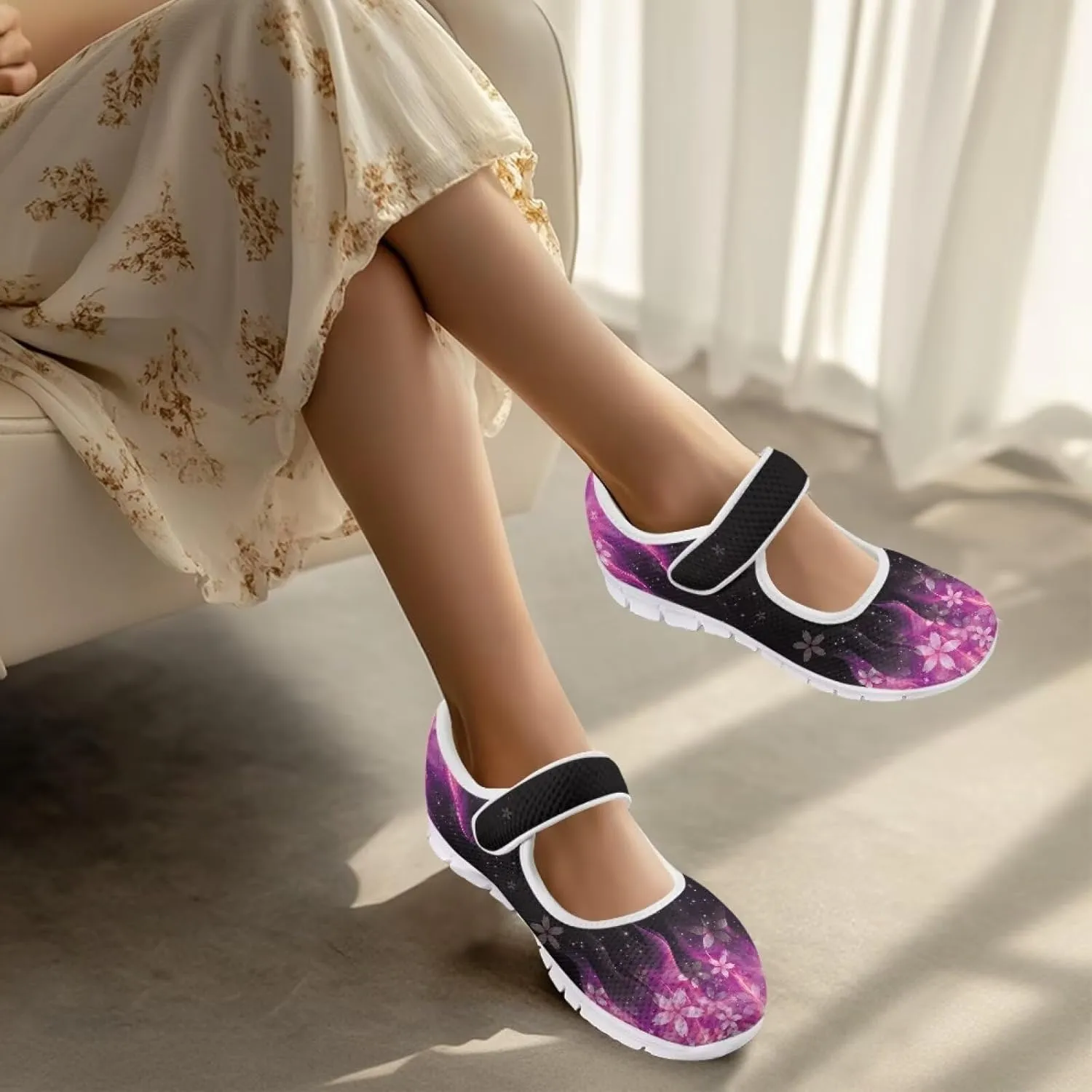 GOSTONG Women's Art Flowers Casual Shoes Single Buckle Sneakers Lightweight Non Slip Walking Shoes for Daily Wear White Size 5.5-10