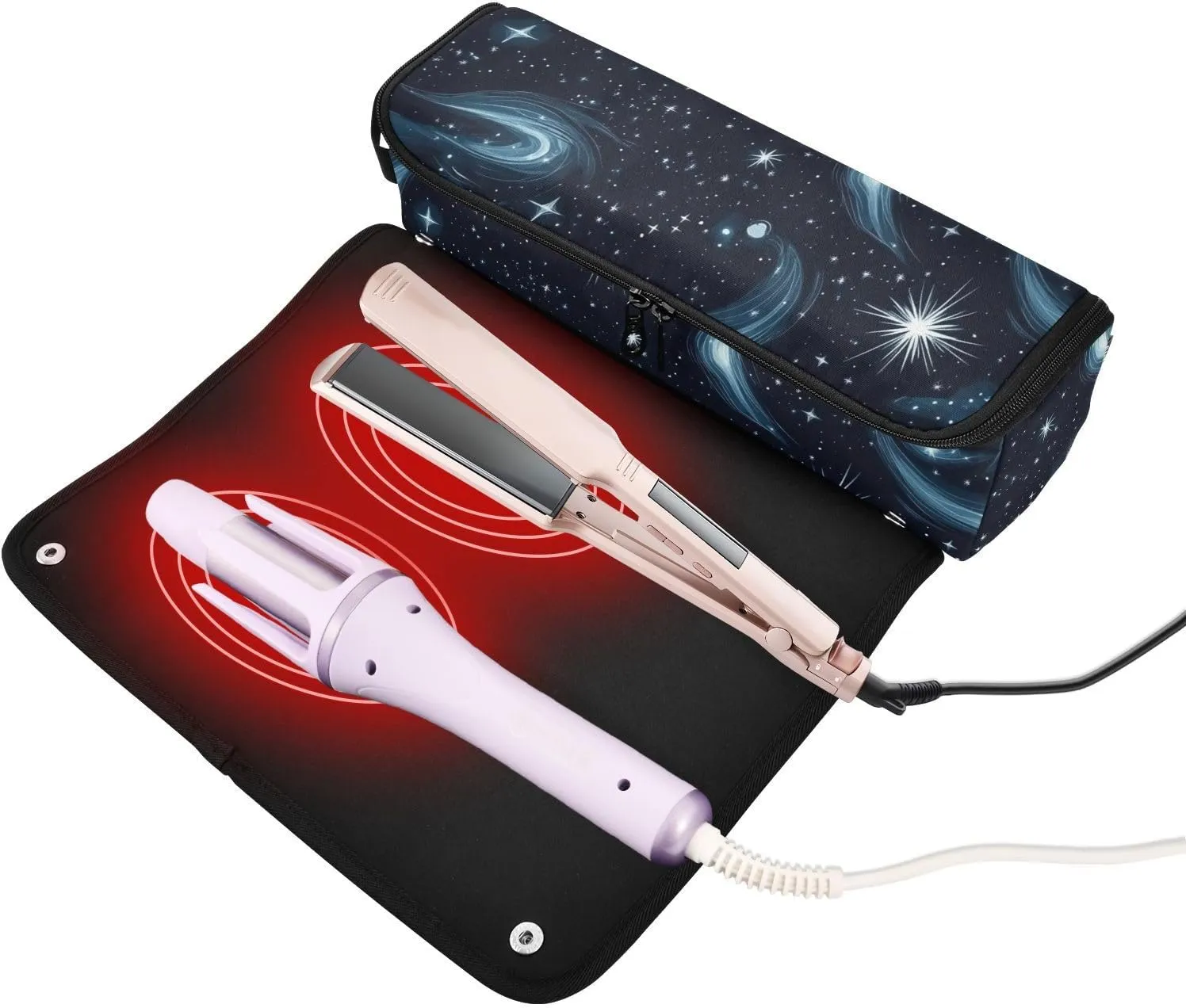 Hair Tools Travel Bag with Heat Resistant Mat Curling Iron Bag for Women Hair Tool Storage Case Straightener Flat Irons Hot Tools Travel Essentials Stars Nebulae and Meteors Night Blue