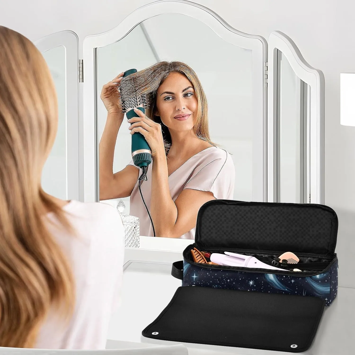 Hair Tools Travel Bag with Heat Resistant Mat Curling Iron Bag for Women Hair Tool Storage Case Straightener Flat Irons Hot Tools Travel Essentials Stars Nebulae and Meteors Night Blue