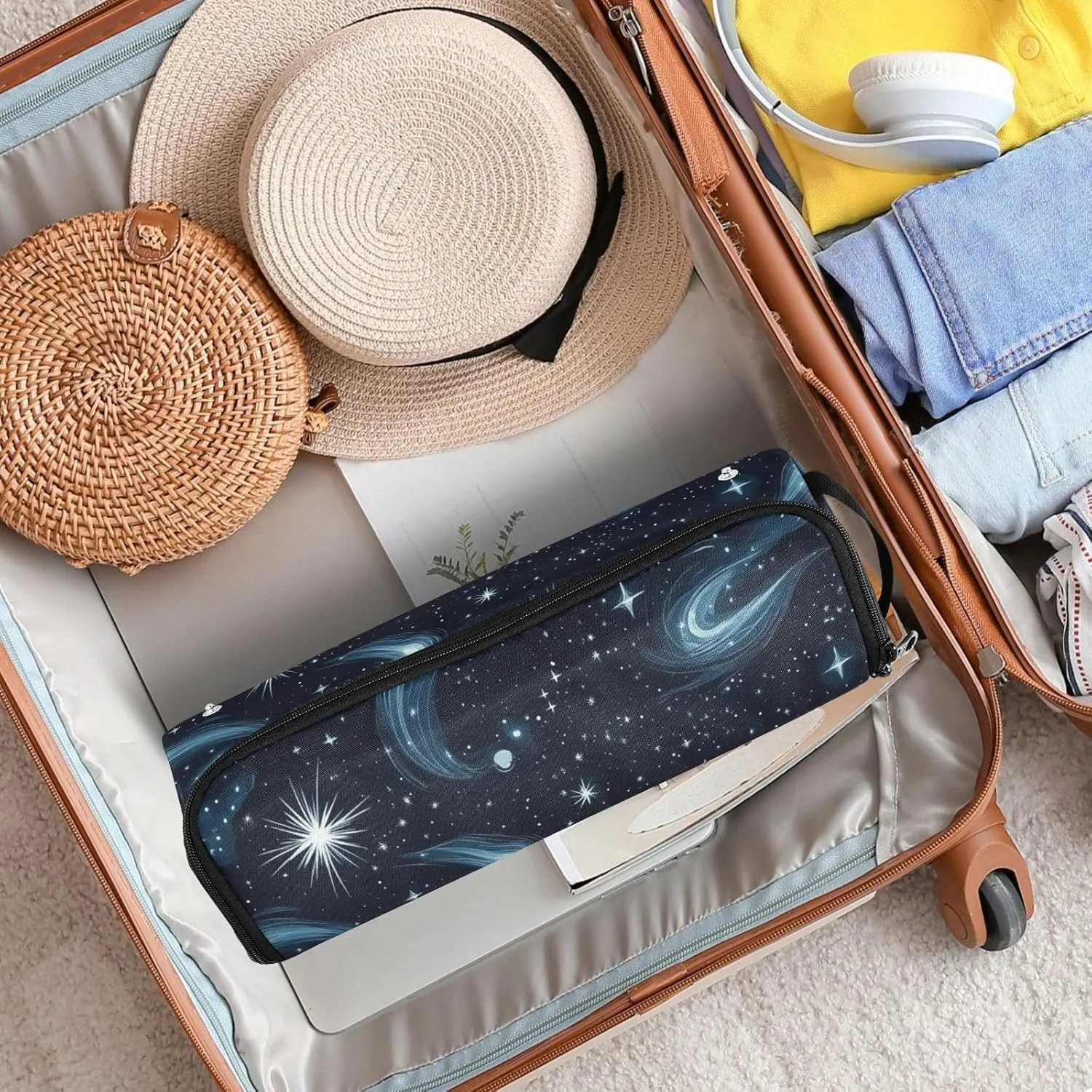 Hair Tools Travel Bag with Heat Resistant Mat Curling Iron Bag for Women Hair Tool Storage Case Straightener Flat Irons Hot Tools Travel Essentials Stars Nebulae and Meteors Night Blue