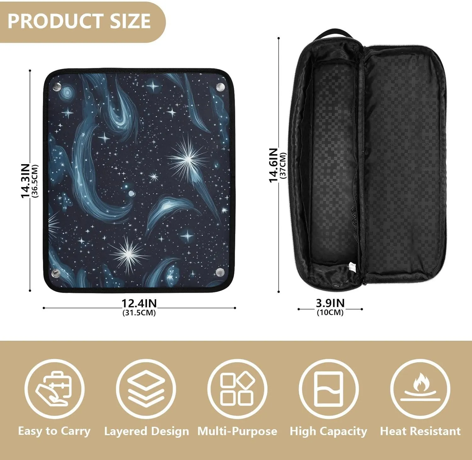 Hair Tools Travel Bag with Heat Resistant Mat Curling Iron Bag for Women Hair Tool Storage Case Straightener Flat Irons Hot Tools Travel Essentials Stars Nebulae and Meteors Night Blue