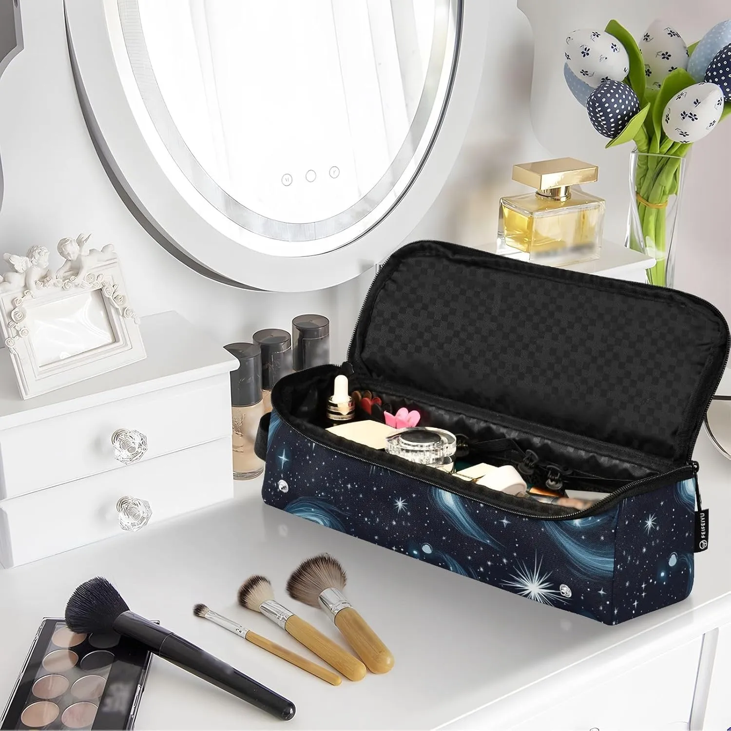 Hair Tools Travel Bag with Heat Resistant Mat Curling Iron Bag for Women Hair Tool Storage Case Straightener Flat Irons Hot Tools Travel Essentials Stars Nebulae and Meteors Night Blue
