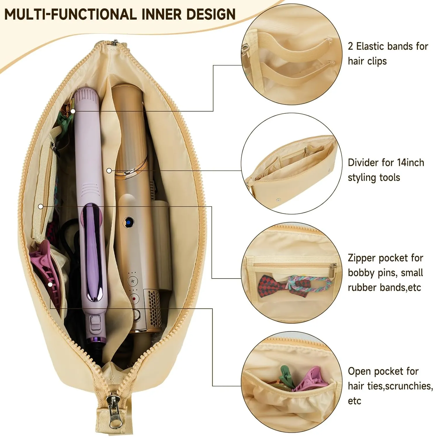 Hair Tools Travel Bag with Heat Resistant Mat, Portable 2 in 1 Hair Storage Bag for Curling Iron, Flat Irons, Straighteners and Haircare Accessories(Apricot)