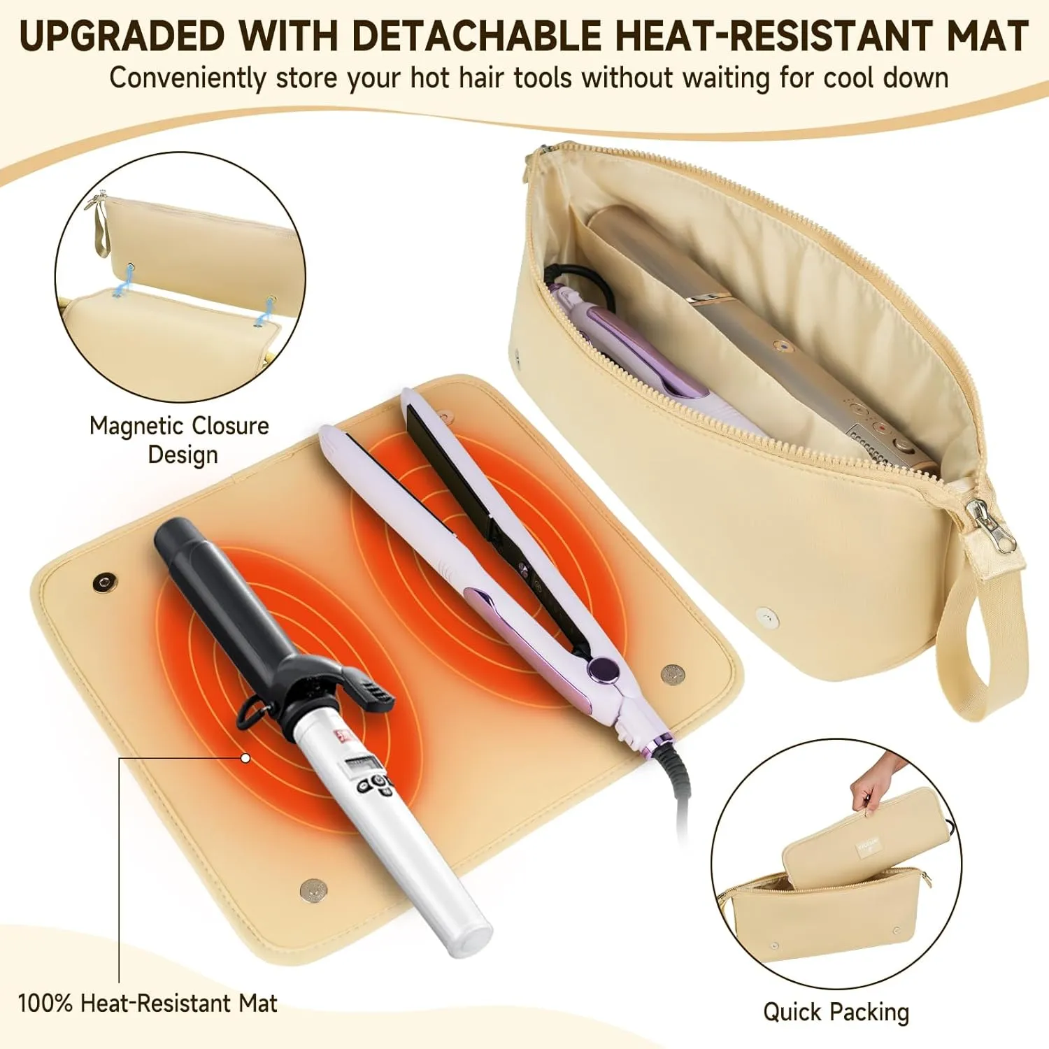 Hair Tools Travel Bag with Heat Resistant Mat, Portable 2 in 1 Hair Storage Bag for Curling Iron, Flat Irons, Straighteners and Haircare Accessories(Apricot)