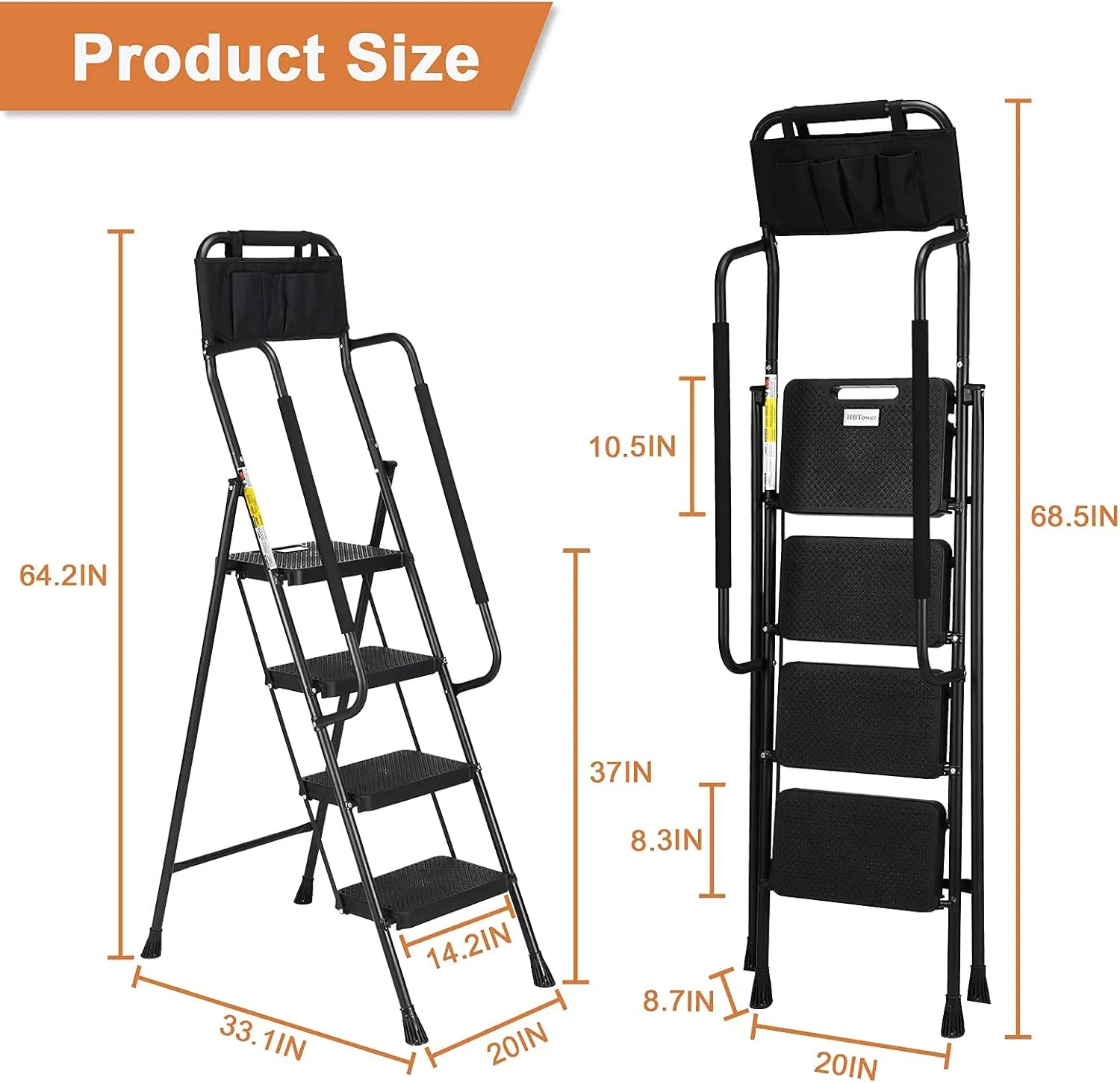 HBTower 4 Step Ladder with Handrails, 330 lbs Folding Step Stool with Attachable Tool Bag & Anti-Slip Wide Pedal for Home Kitchen Pantry Office, Black