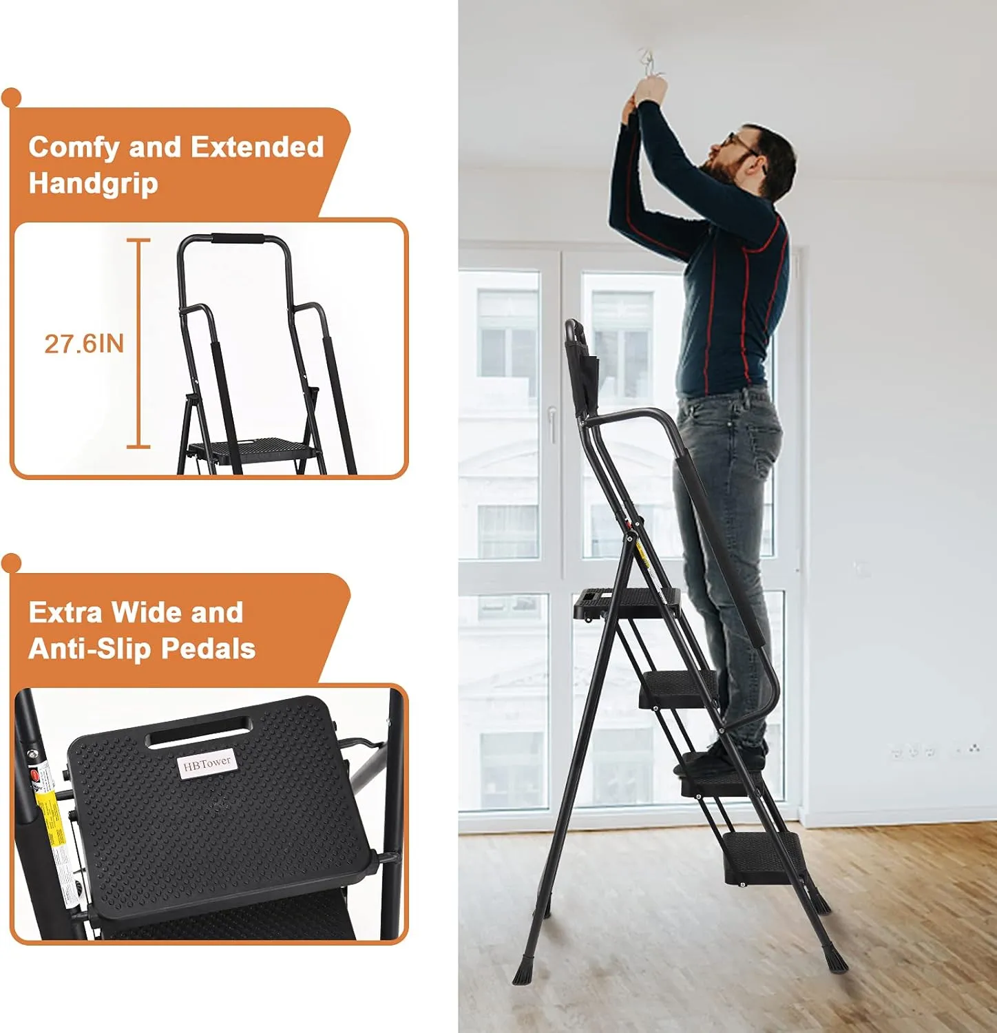HBTower 4 Step Ladder with Handrails, 330 lbs Folding Step Stool with Attachable Tool Bag & Anti-Slip Wide Pedal for Home Kitchen Pantry Office, Black