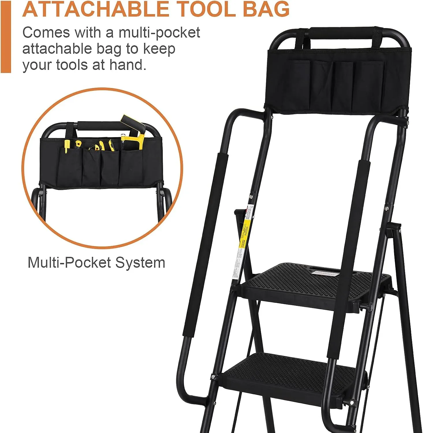 HBTower 4 Step Ladder with Handrails, 330 lbs Folding Step Stool with Attachable Tool Bag & Anti-Slip Wide Pedal for Home Kitchen Pantry Office, Black