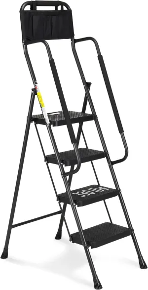 HBTower 4 Step Ladder with Handrails, 330 lbs Folding Step Stool with Attachable Tool Bag & Anti-Slip Wide Pedal for Home Kitchen Pantry Office, Black