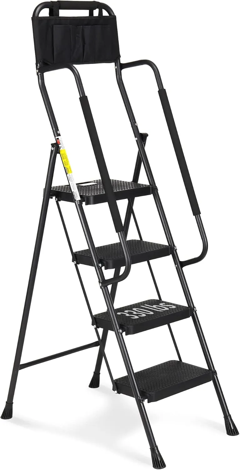 HBTower 4 Step Ladder with Handrails, 330 lbs Folding Step Stool with Attachable Tool Bag & Anti-Slip Wide Pedal for Home Kitchen Pantry Office, Black