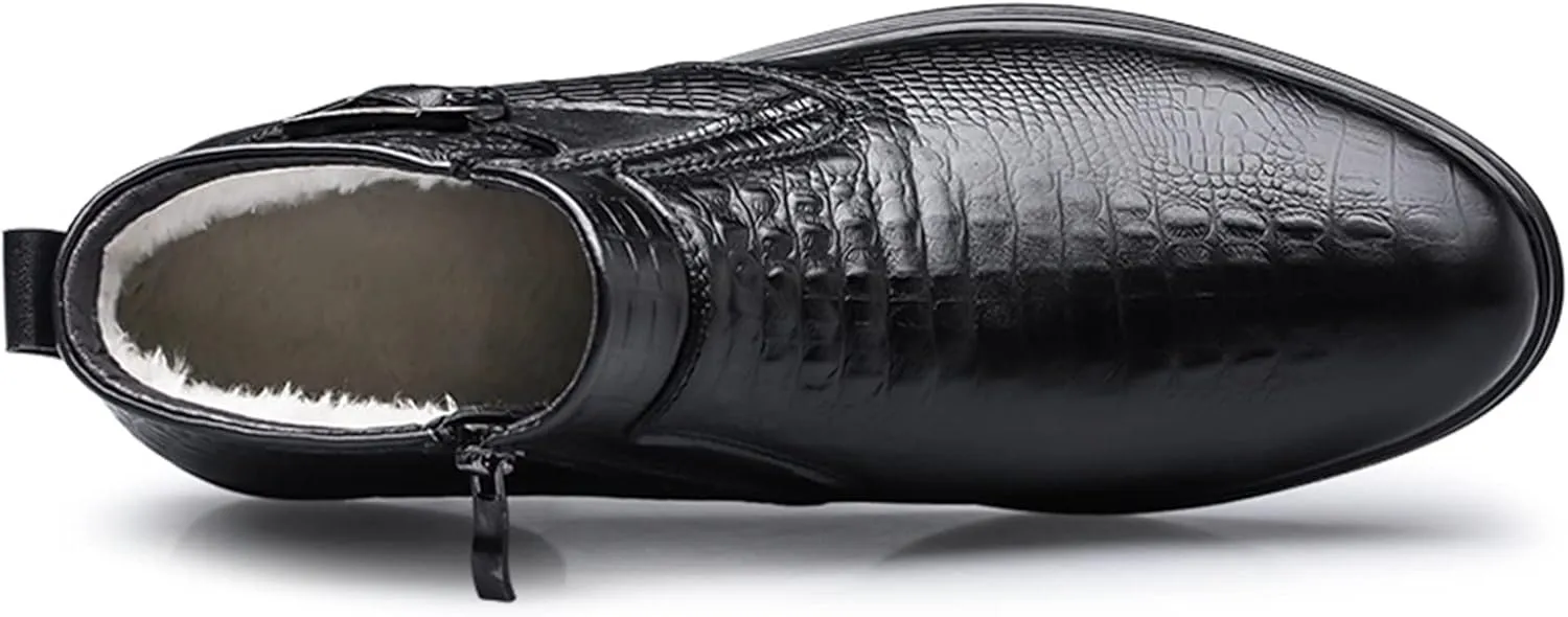 HOOENG Chelsea Boots for Men Crocodile Print with Buckle with Zipper Cowhide Leather Wearable Non Slip Anti-Slip Waterproof Slip on Classic Dress