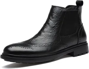 HOOENG Chelsea Boots for Men Elastic Bandage Carved Brogue Win Tip Crocodile Print Cowhide Leather Non Slip Wearable Anti-Slip Slip on Formal (Color : Black, Size : 11)