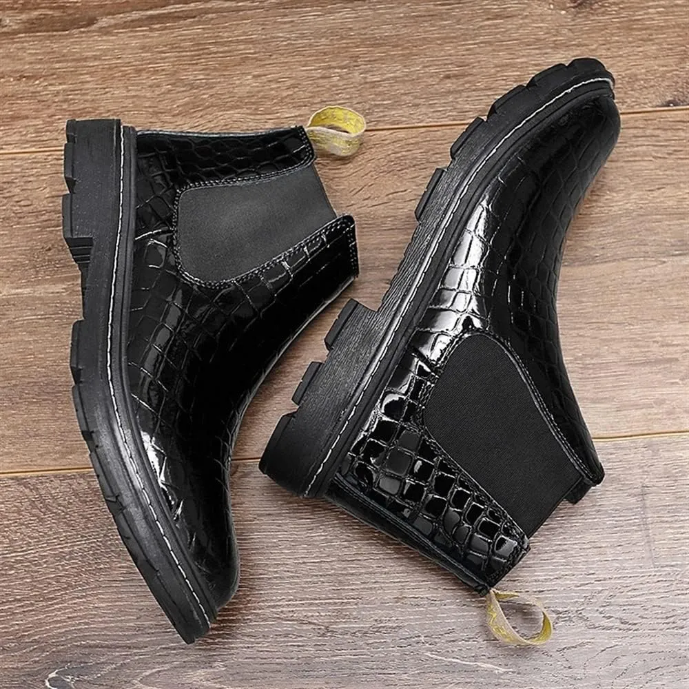 HOOENG Chelsea Boots for Men Round Toe Faux Crocodile Print Leather Anti-Slip Non Slip On Classic